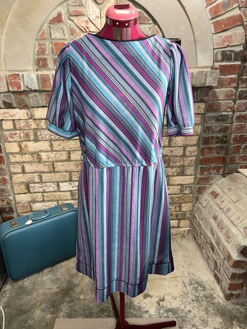 Dress 80s Purple teal striped shirt dress aqua gray